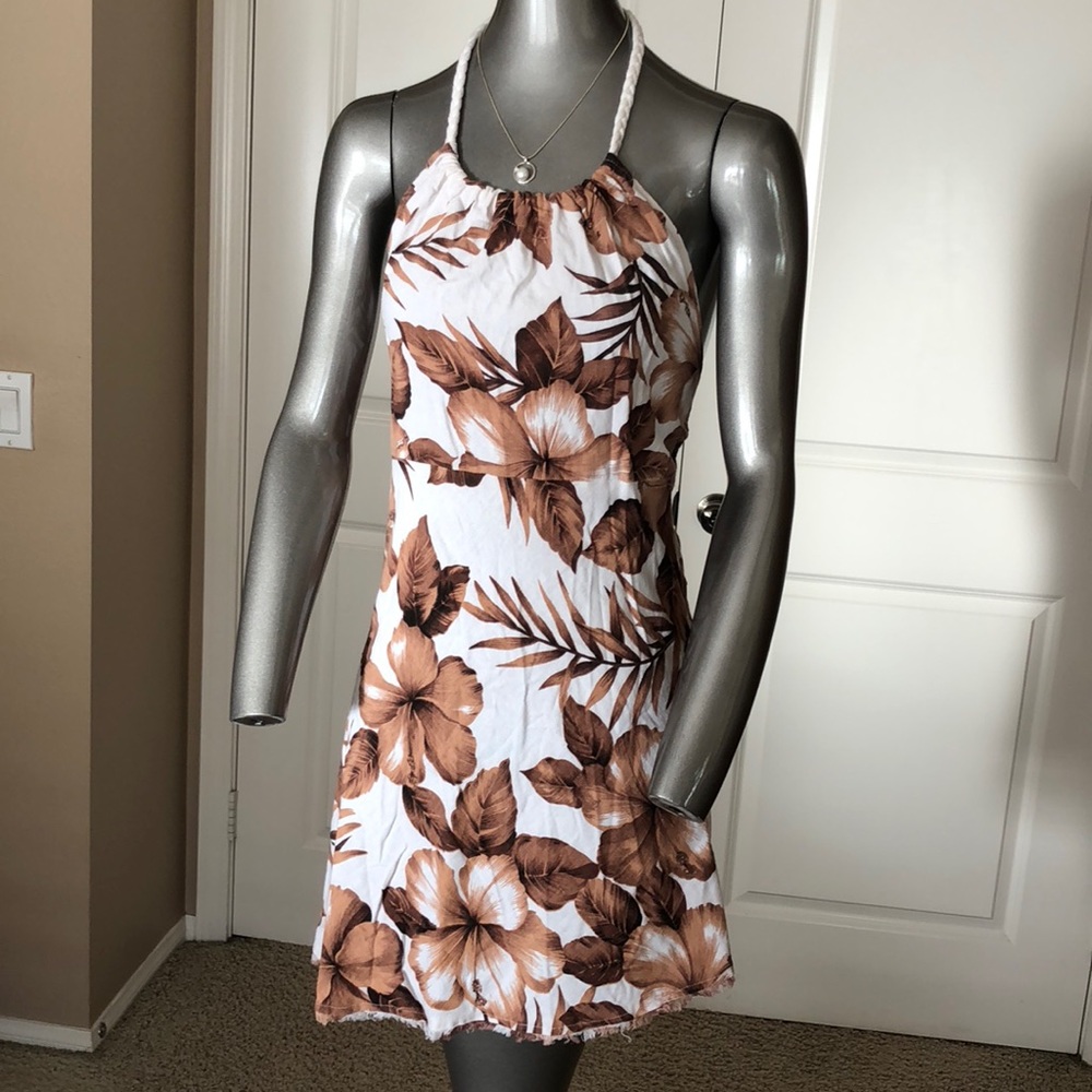 Palm Frond Rope Tie Rough Hewn Hem Halter Dress